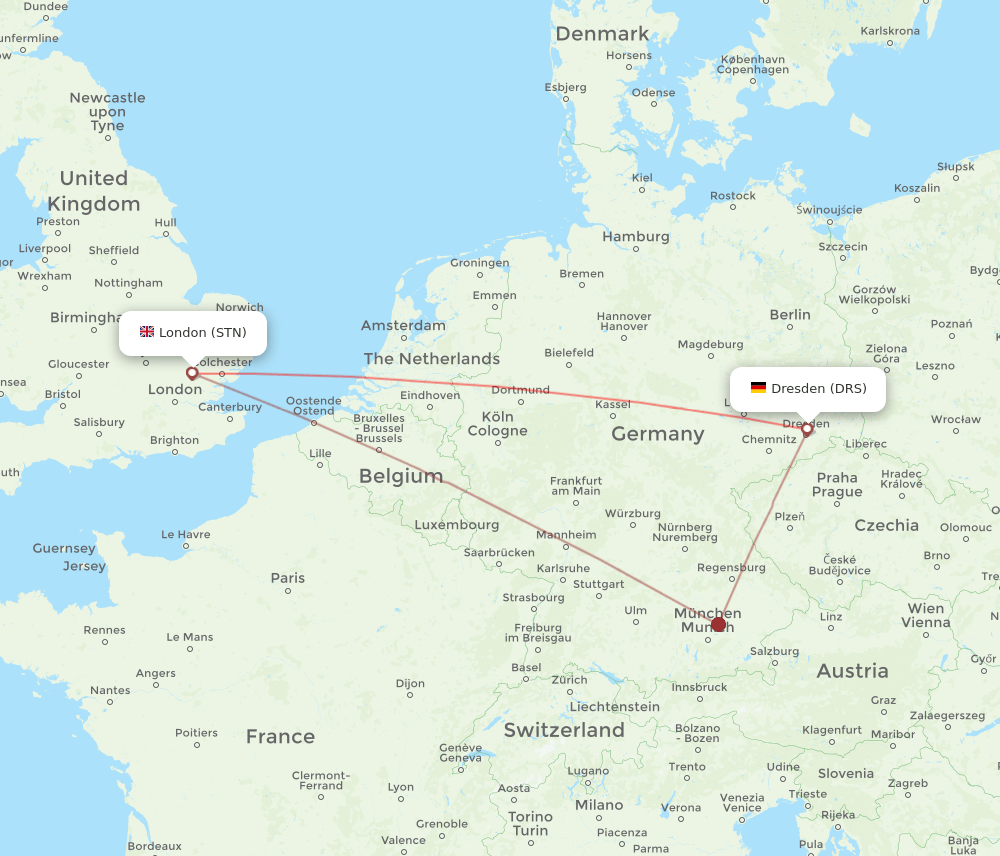 London - Dresden route map and flight paths
