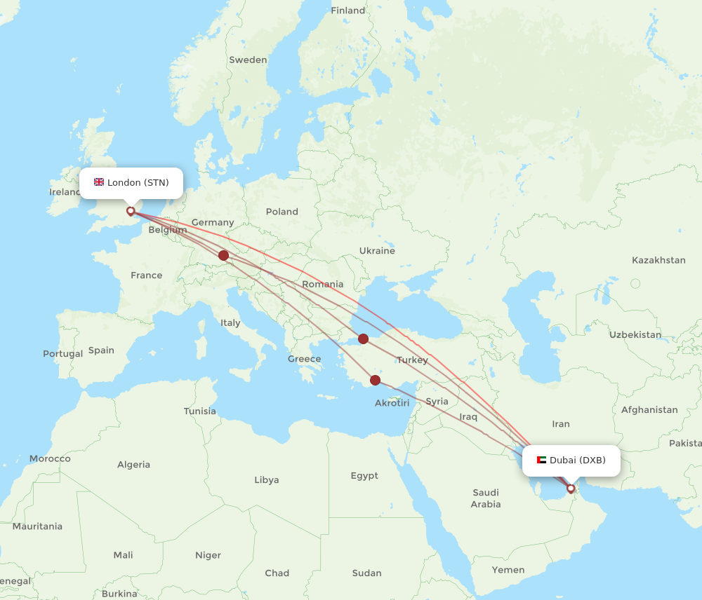 STN to DXB flights and routes map