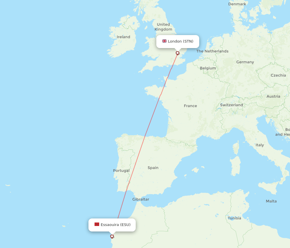 London - Essaouira route map and flight paths