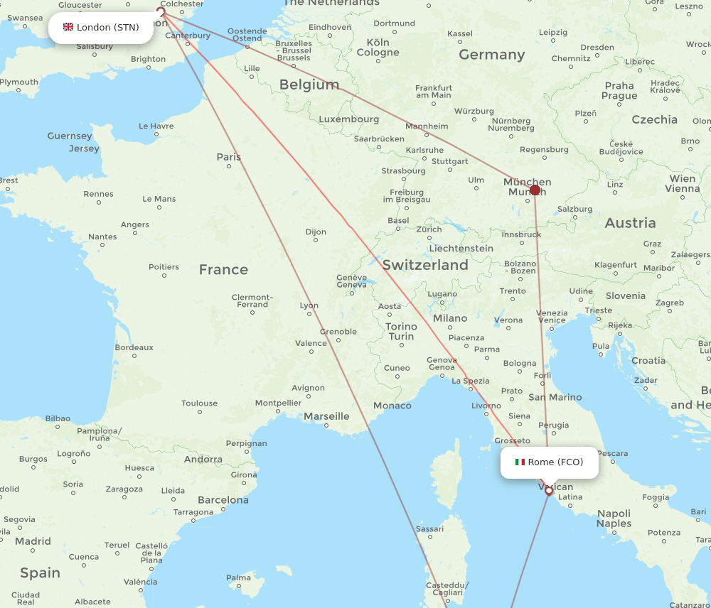 STN to FCO flights and routes map