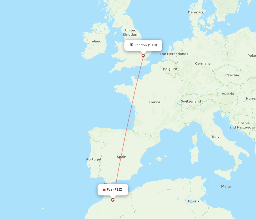 London - Fes route map and flight paths