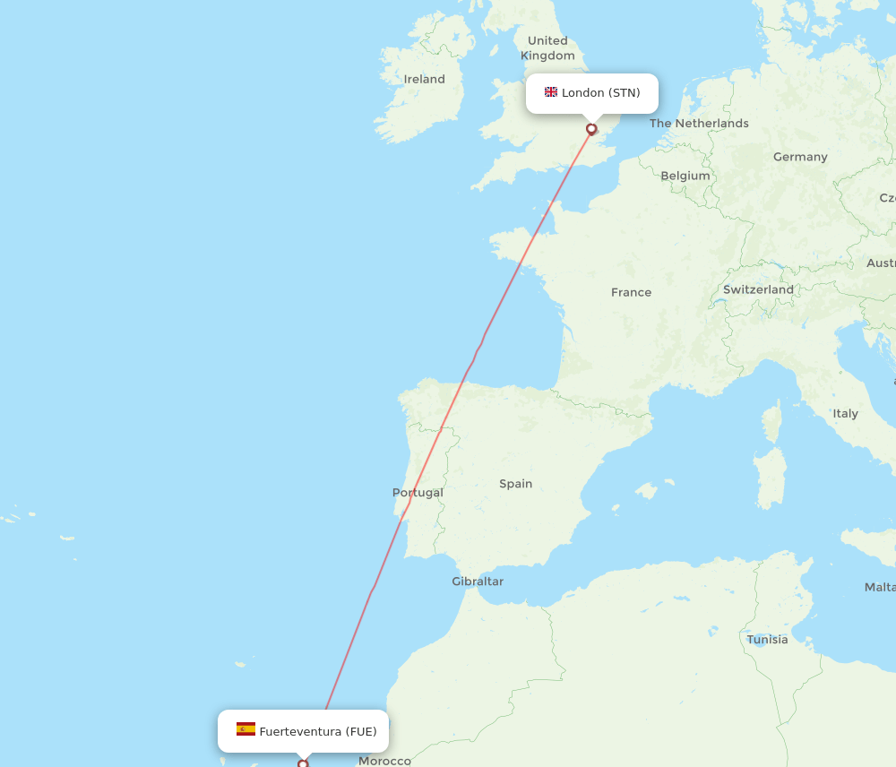 London - Puerto del Rosario route map and flight paths