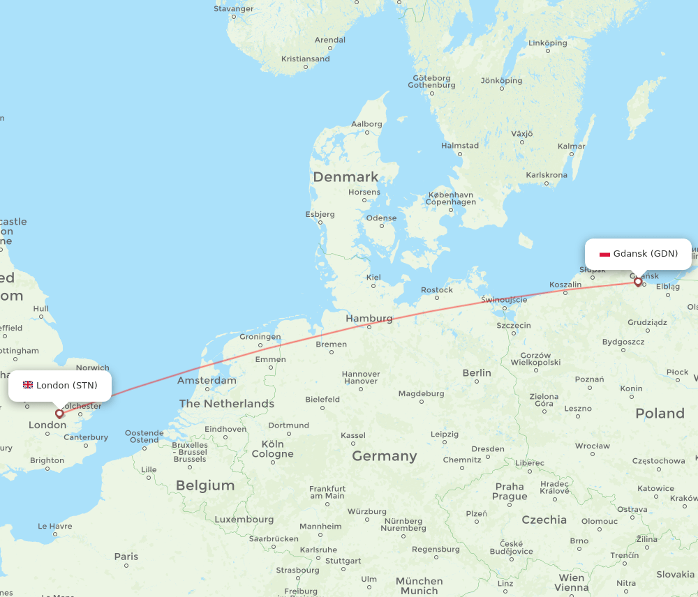London - Gdansk route map and flight paths