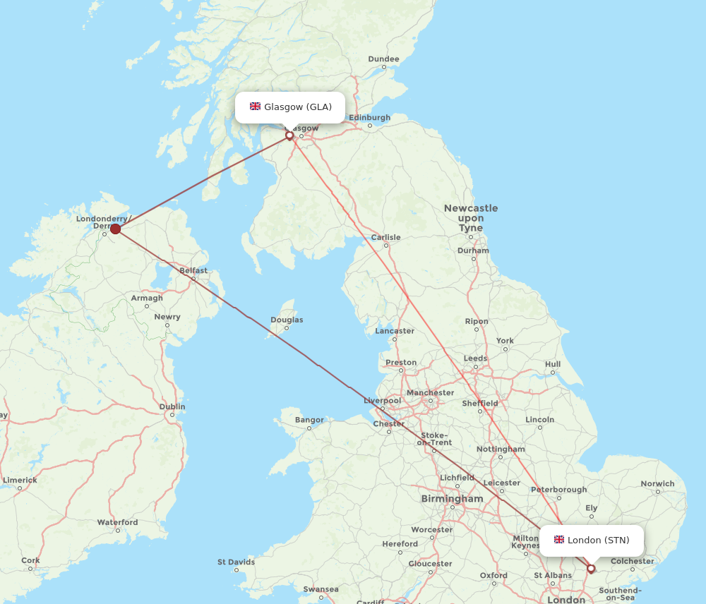 STN to GLA flights and routes map