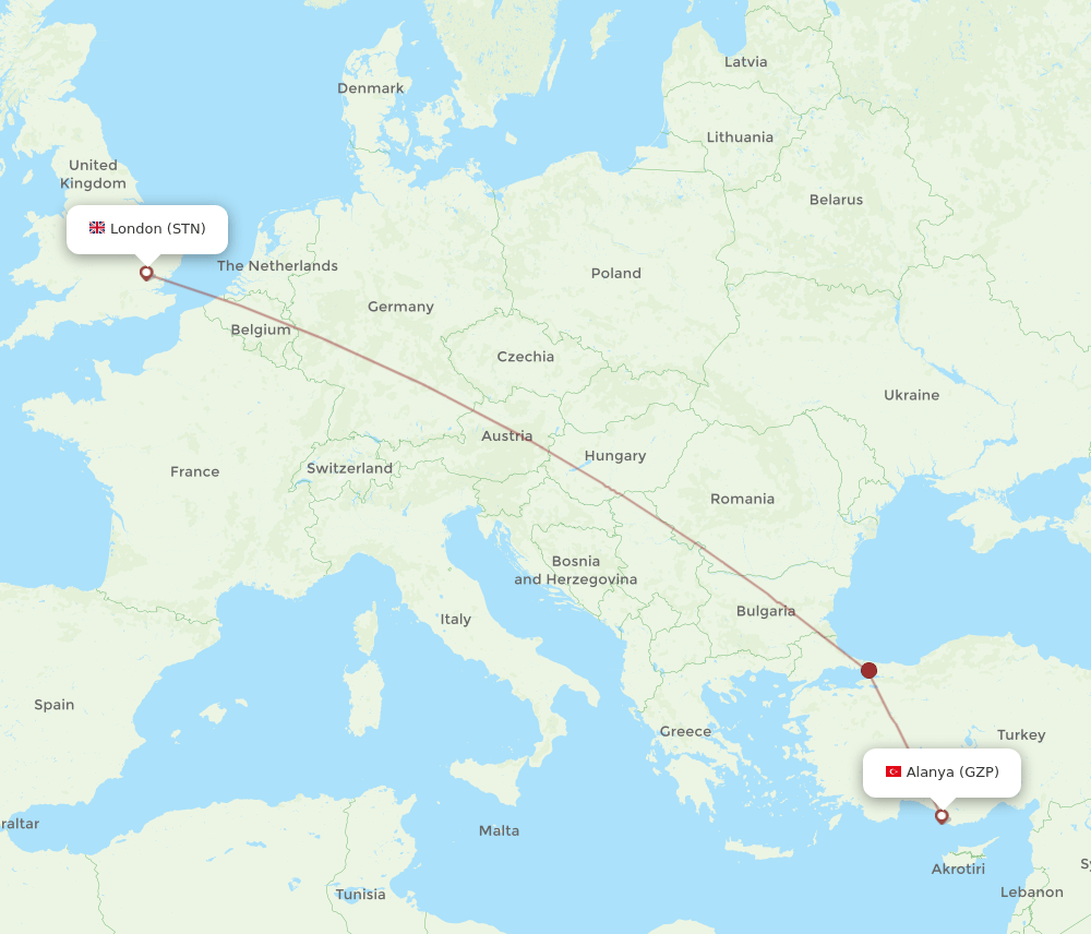 STN to GZP flights and routes map