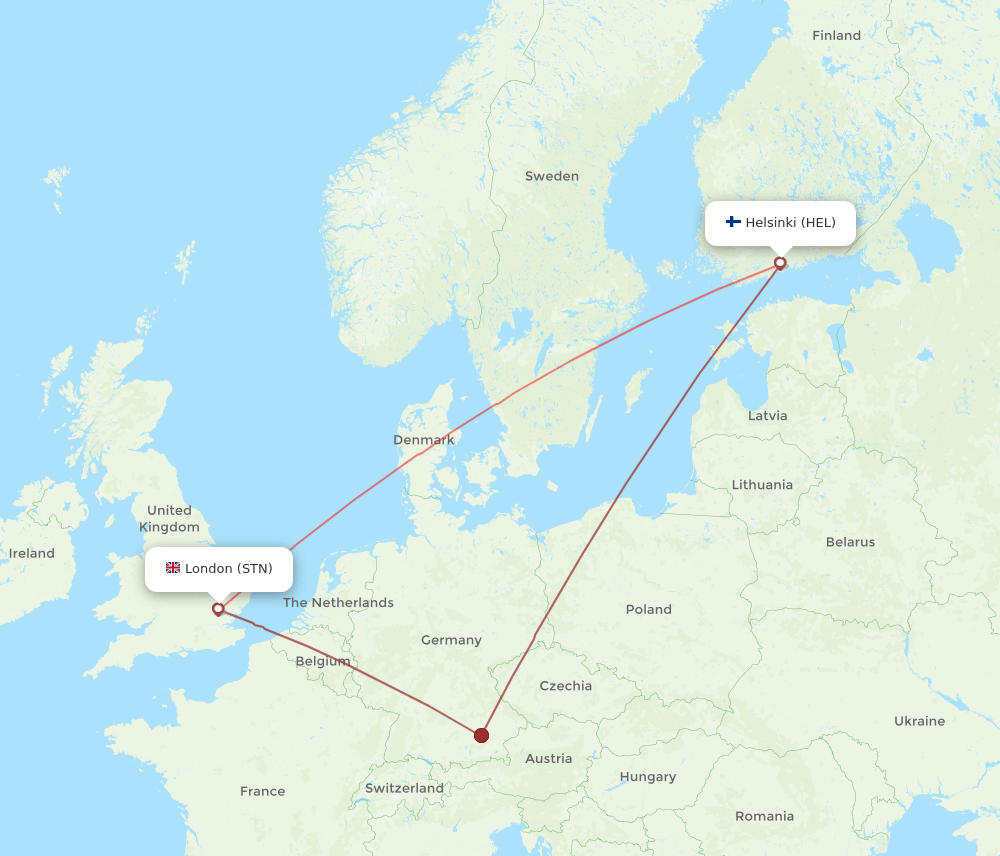 London - Helsinki route map and flight paths