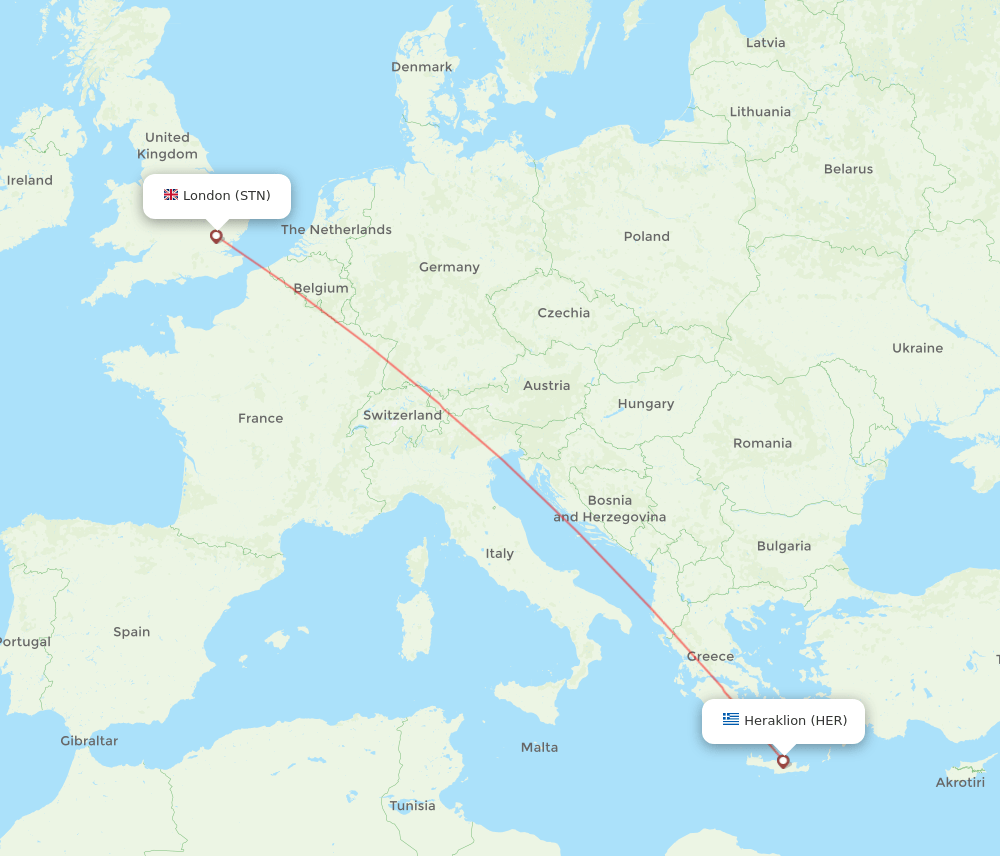 London - Heraklion route map and flight paths
