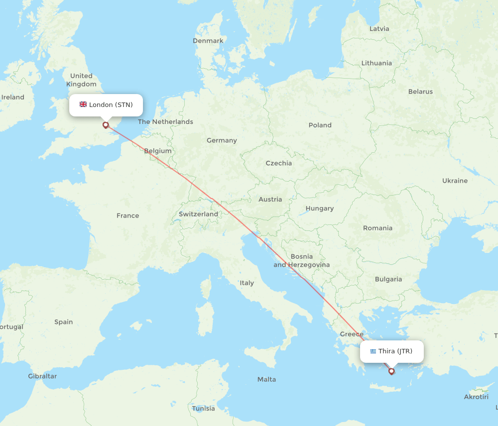 London - Thira route map and flight paths