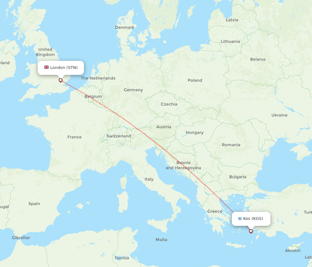 STN to KGS flights and routes map