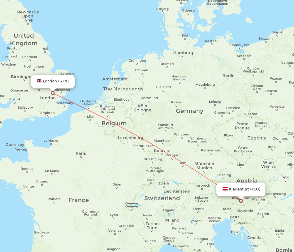 London - Klagenfurt route map and flight paths