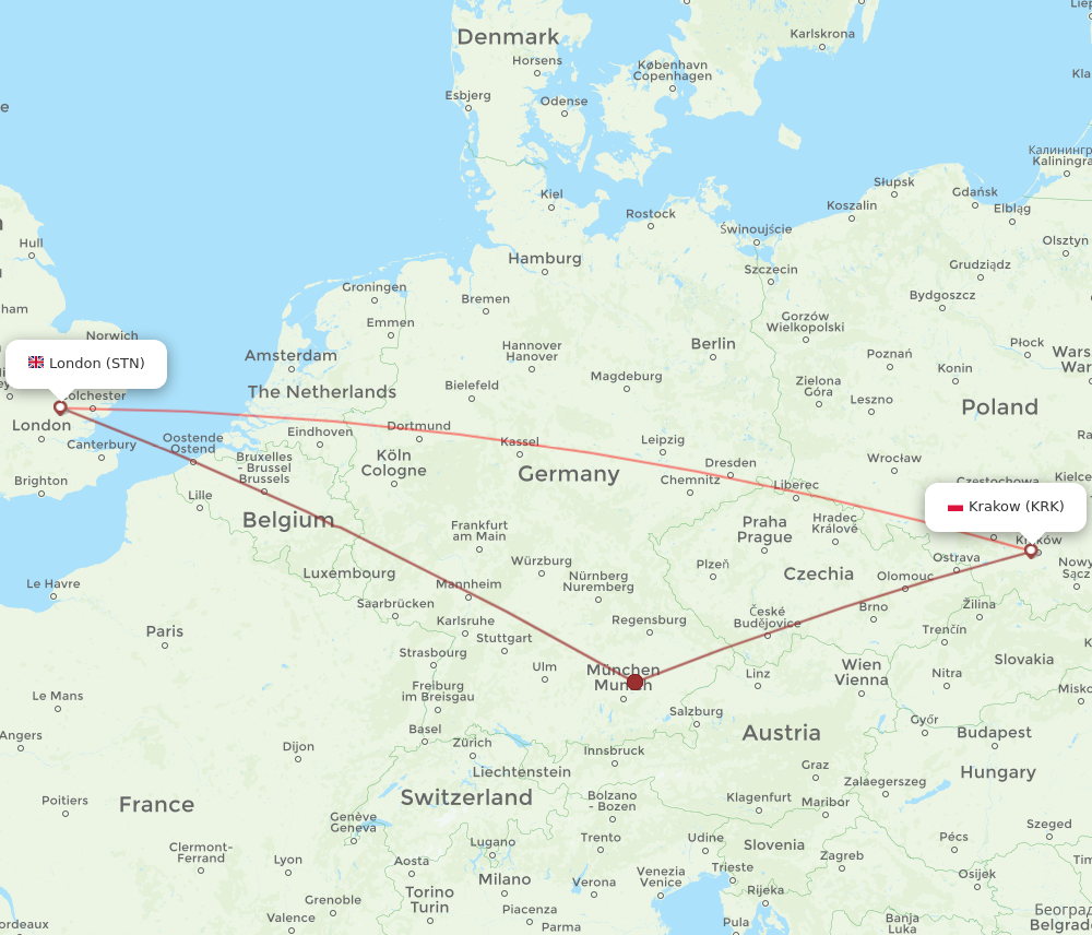 STN to KRK flights and routes map