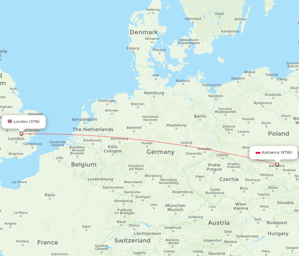 London - Katowice route map and flight paths