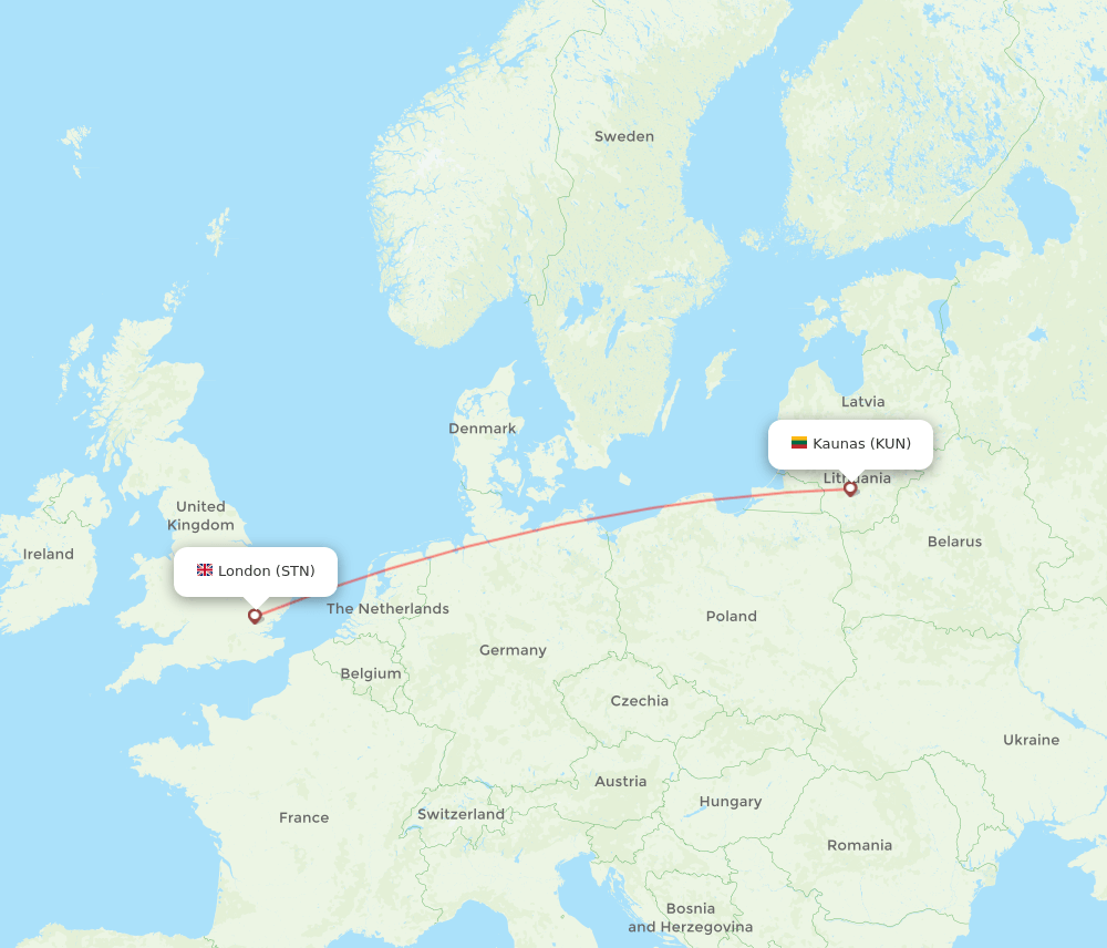 London - Kaunas route map and flight paths