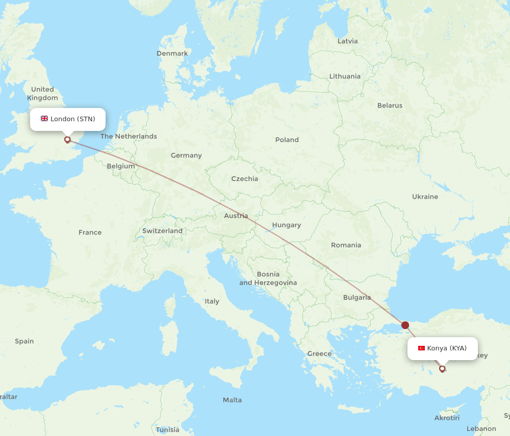 STN-KYA flight routes