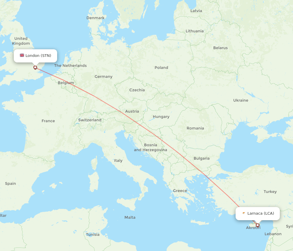 STN to LCA flights and routes map