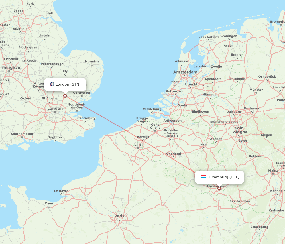 London - Luxembourg route map and flight paths