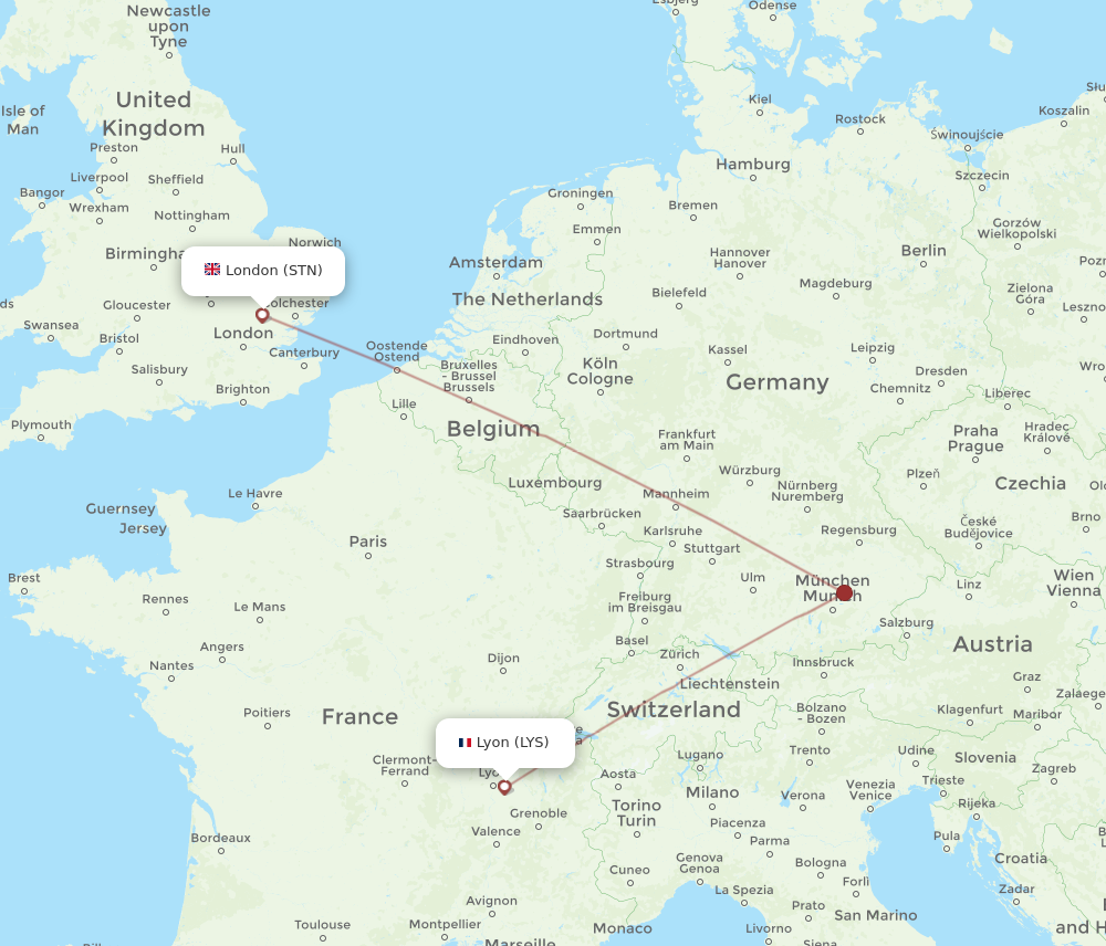 STN to LYS flights and routes map