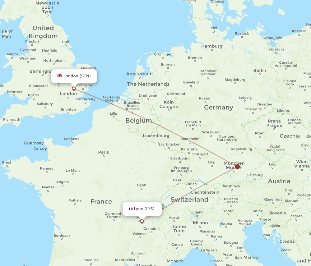 London - Lyon route map and flight paths