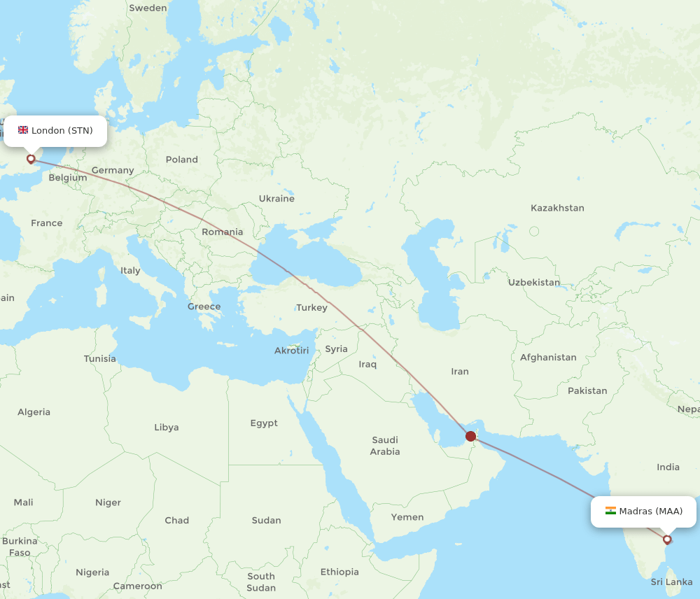 STN to MAA flights and routes map
