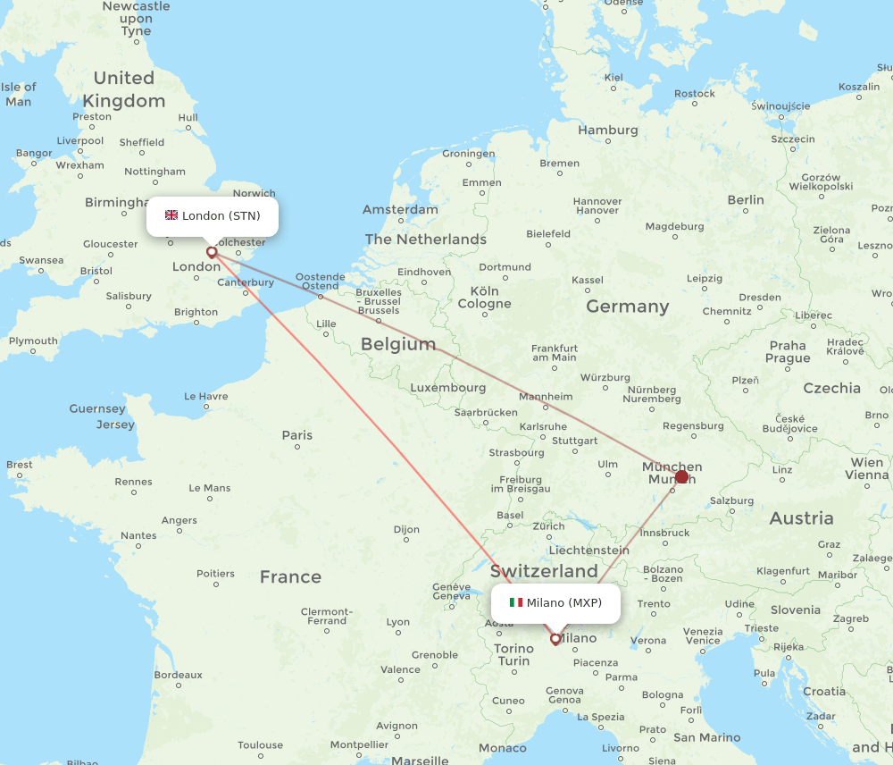 London - Milan route map and flight paths