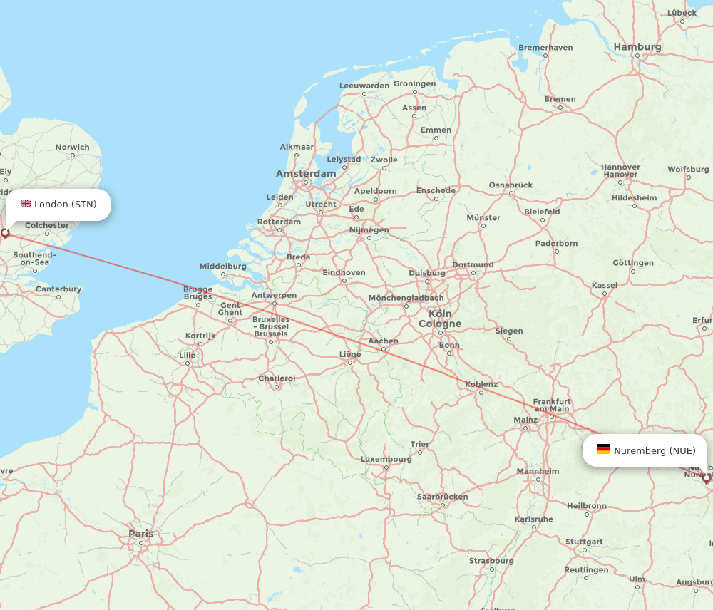 STN to NUE flights and routes map