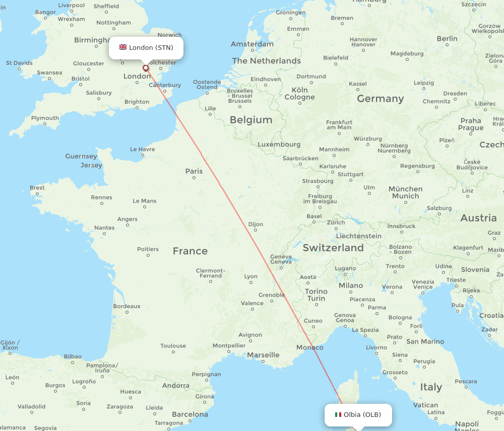 London - Olbia route map and flight paths