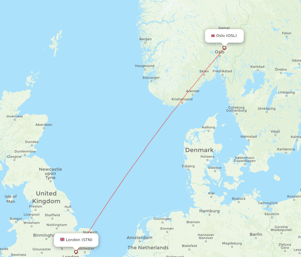 London - Oslo route map and flight paths