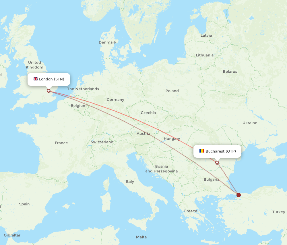 London - Bucharest route map and flight paths