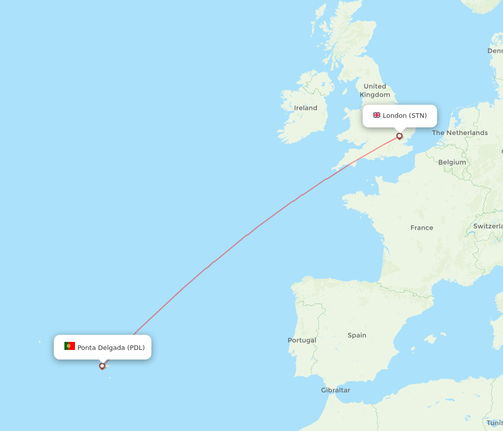 London - Ponta Delgada (Azores) route map and flight paths