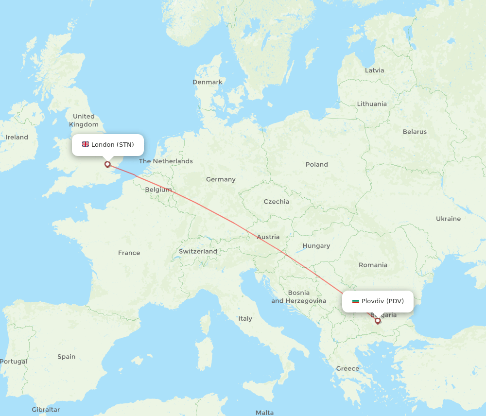 London - Plovdiv route map and flight paths