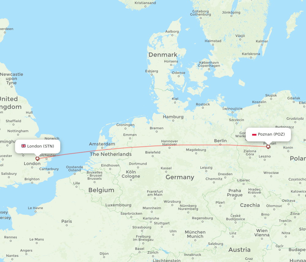 STN to POZ flights and routes map