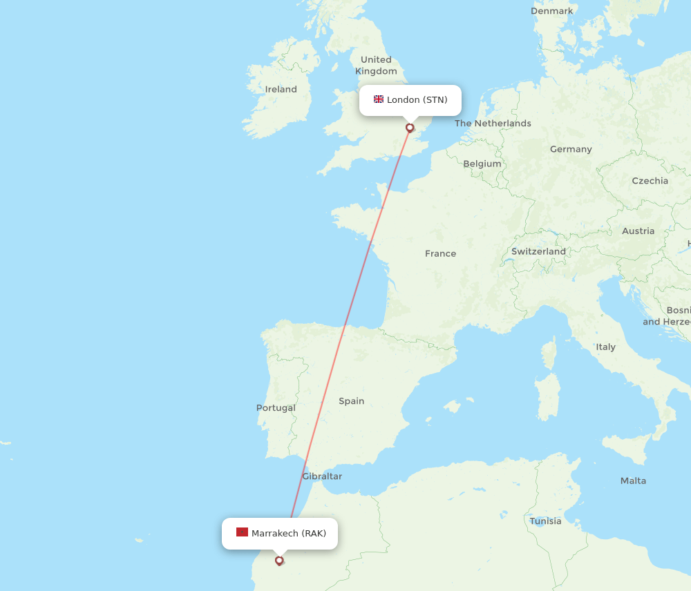 STN to RAK flights and routes map