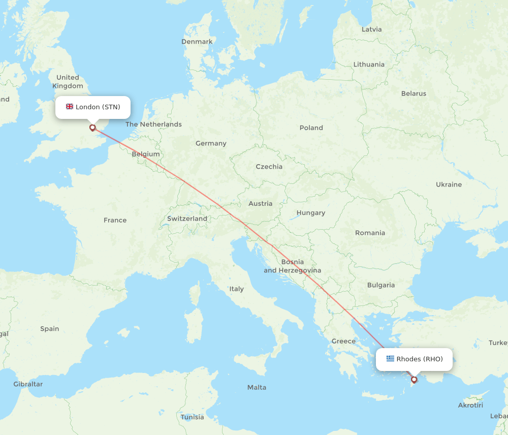 London - Rhodes route map and flight paths