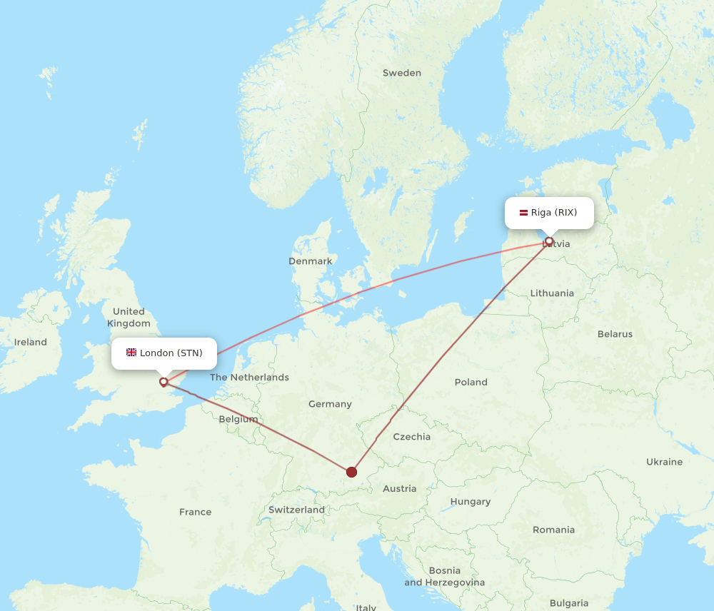 London - Riga route map and flight paths