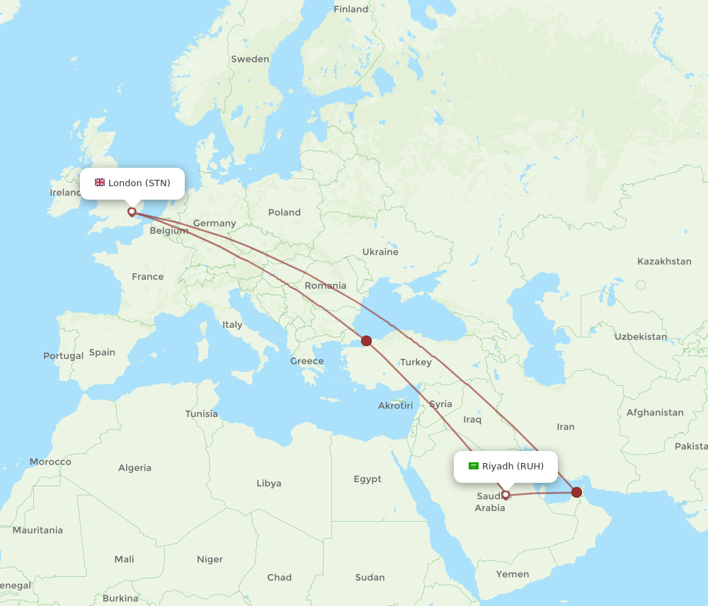 STN to RUH flights and routes map