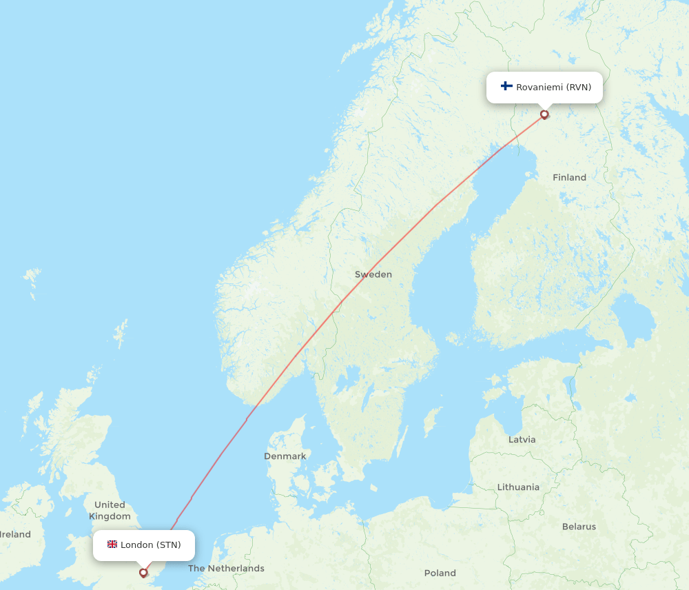 London - Rovaniemi route map and flight paths