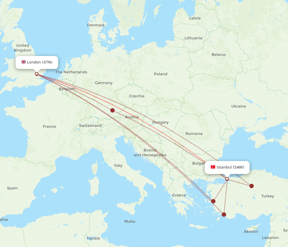 STN to SAW flights and routes map