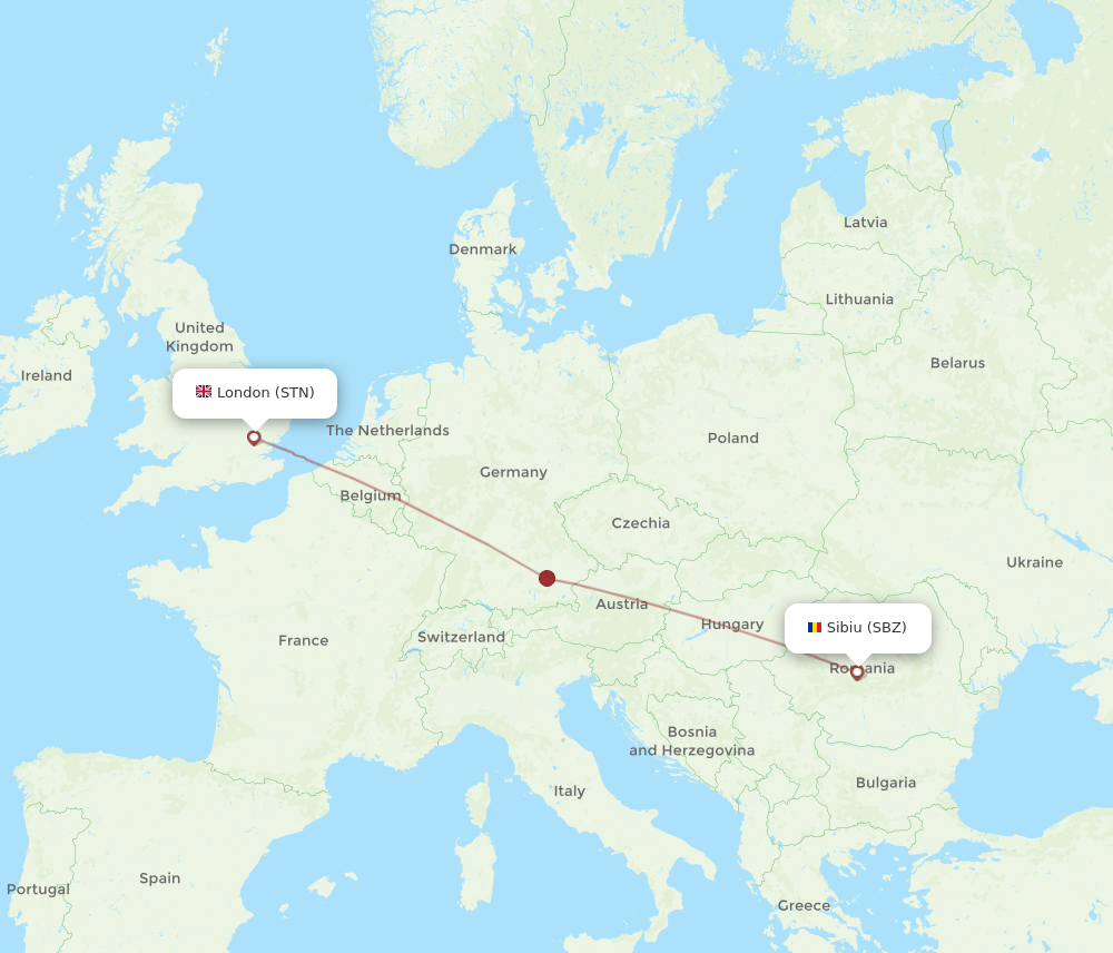 Sibiu - London route map and flight paths