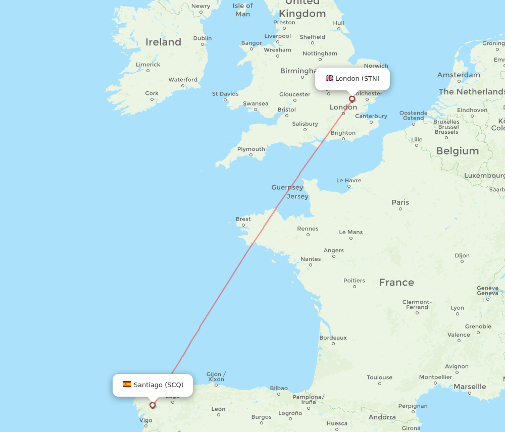 London - Santiago De Compostela route map and flight paths