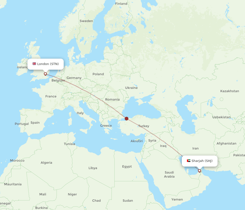 STN to SHJ flights and routes map