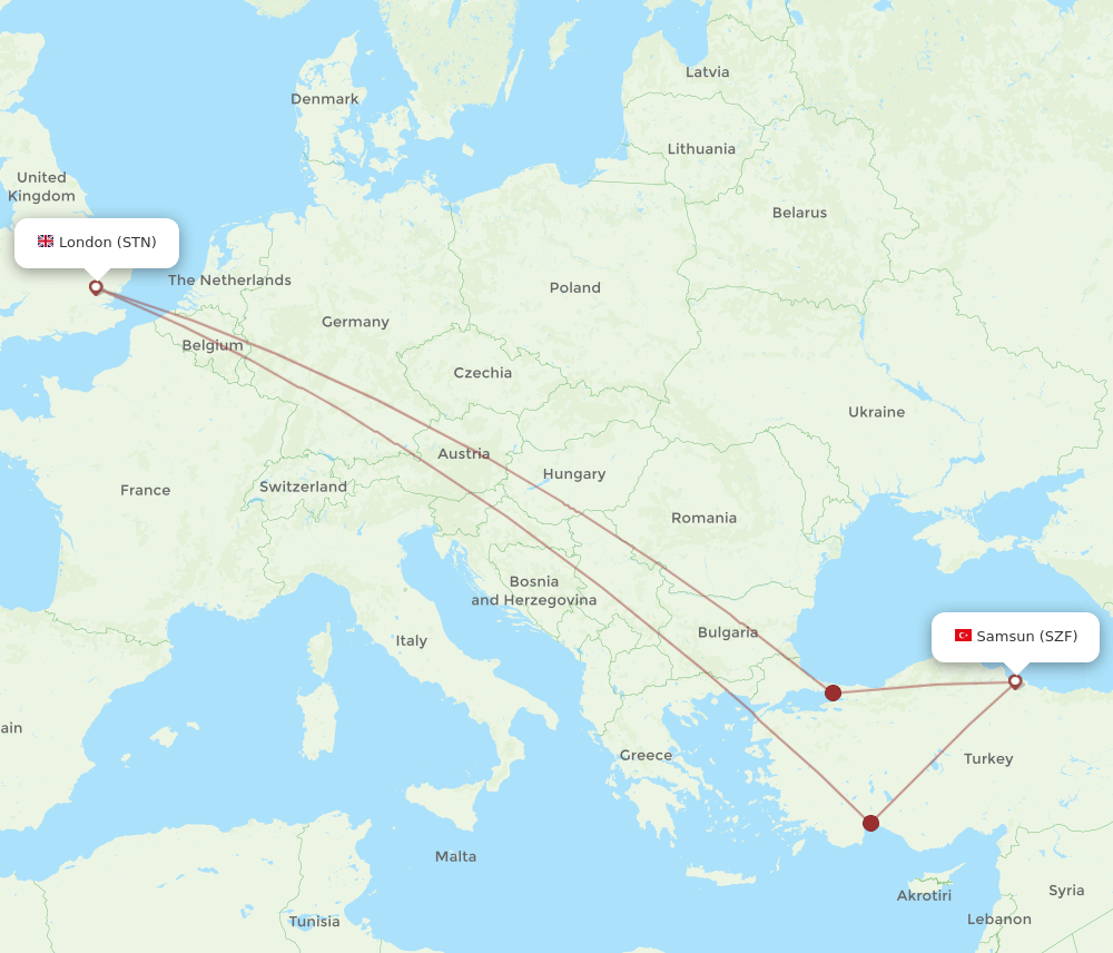 STN to SZF flights and routes map