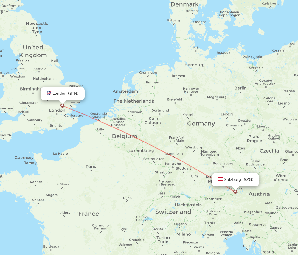 STN to SZG flights and routes map