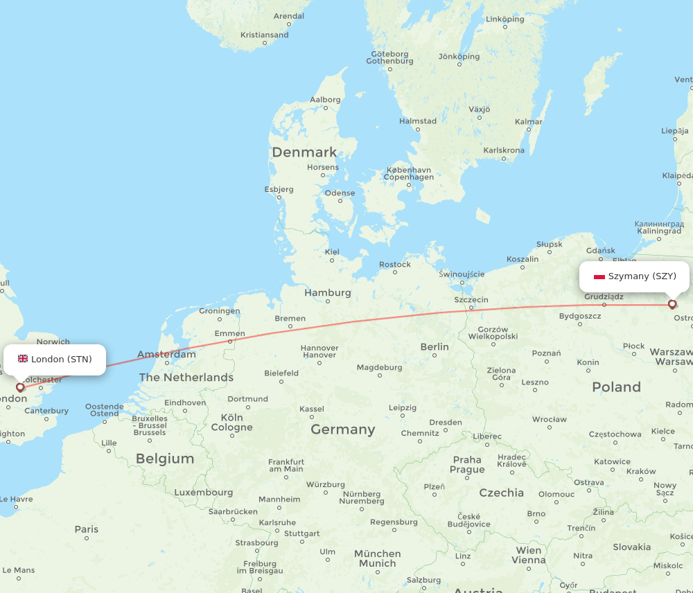 London - Szymany route map and flight paths