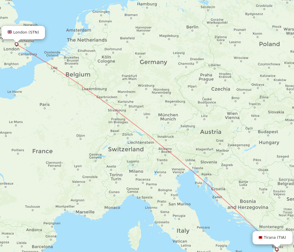 STN to TIA flights and routes map