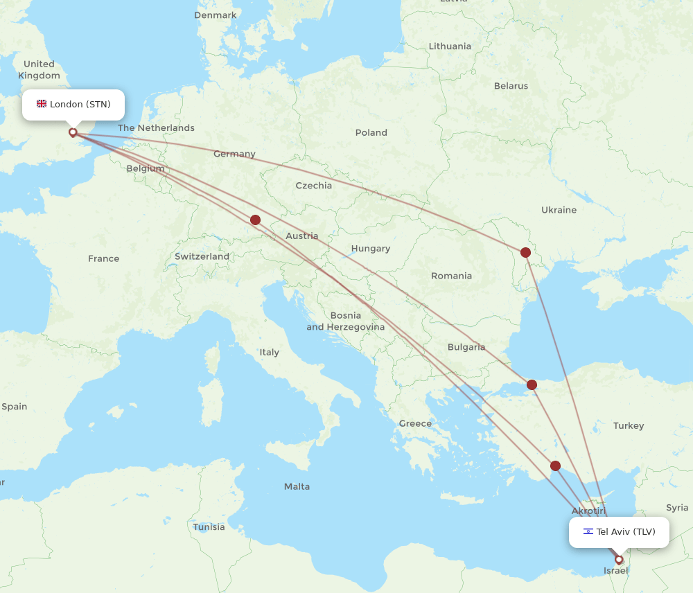 London - Tel Aviv-Yafo route map and flight paths