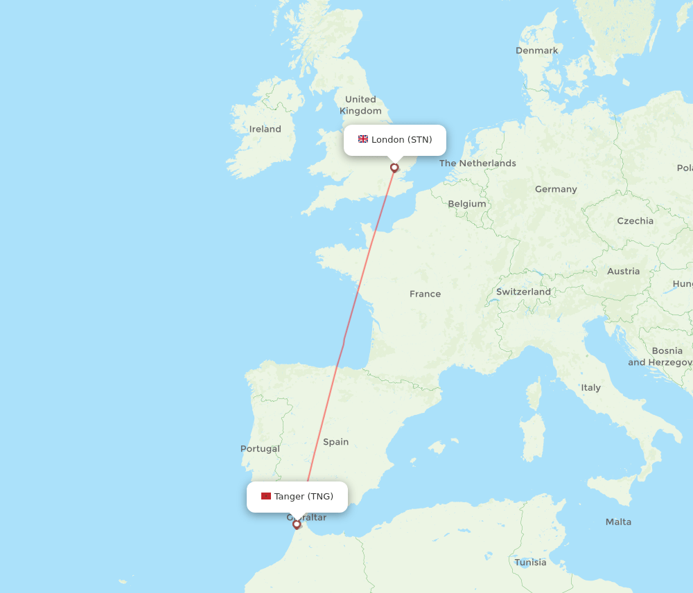 London - Tangier route map and flight paths