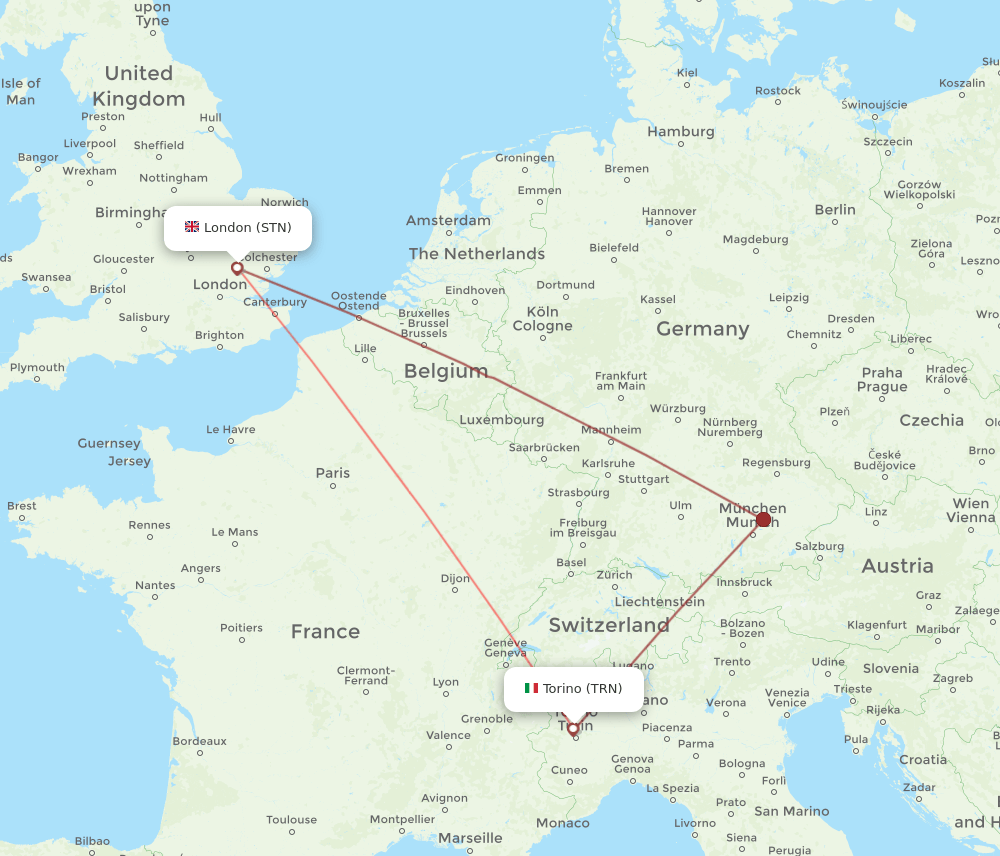 London - Turin route map and flight paths
