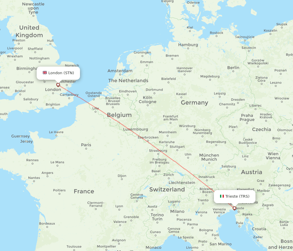 London - Trieste route map and flight paths