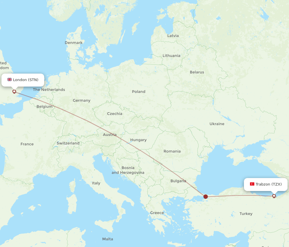 STN to TZX flights and routes map