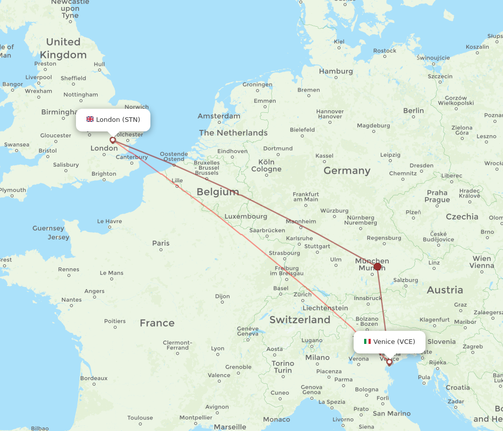STN to VCE flights and routes map